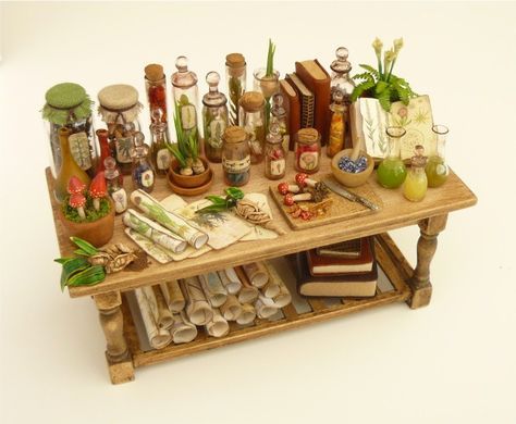 Witch potion table, Nikki Rowe on etsy Potion Table, Miniature Table, Miniature Halloween, Haunted Dollhouse, Fairy Furniture, Halloween Miniatures, Haunted Dolls, Witch House, Fairy Garden Diy