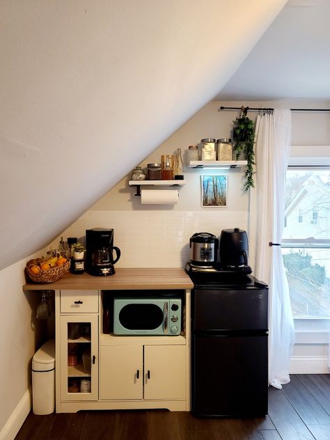 #tinykitchen #studioapartment #kitchenette #tinyliving Bedroom Mini Kitchen, Small Attic Kitchenette, Downstairs Apartment Ideas, No Sink Kitchenette, Mini Kitchen Bedroom, Home Office With Kitchenette, Studio Apartment With Kitchenette, Kitchenette Ideas No Sink, Mini Kitchens Small Spaces