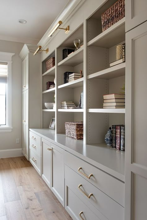 Office Design With Built Ins, Bookshelf And Storage, Wide Built In Shelves Living Room, Den Built In Cabinets, Built In Bookshelves With Doors, Cabinets And Bookshelves, Built In Shelves And Cabinets, Built In Bookshelves With Drawers, Off White Built Ins