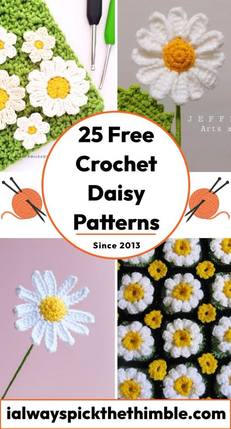 Daisies Crochet Pattern, Crochet A Daisy Flower, Crochet Stuffed Daisy, April Crochet Ideas, Crochet Chamomile Flower, Yarn Daisy Diy, Chunky Daisy Crochet, Small Crochet Daisy Free Pattern, Crochet Daisy Motif