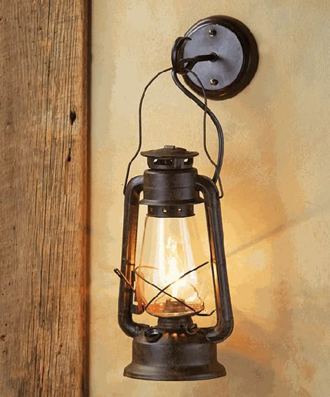 Rustic Lantern Wall Sconce                                                                                                                                                      More Western Wall Decor, Rustic Light Fixtures, Oil Lantern, Rustic Bedroom Decor, Rustic Lanterns, Rustic Wall Sconces, Cabin Lighting, Lantern Wall, Outdoor Floor Lamps