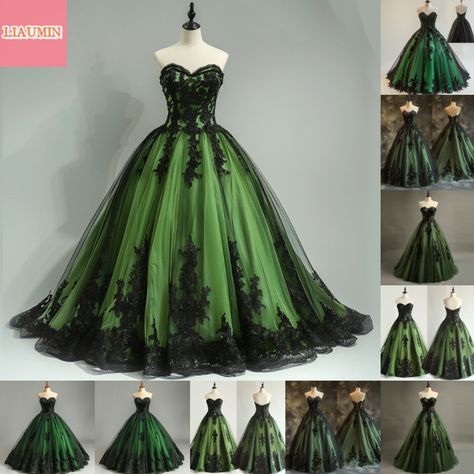 Black And Green Gown, Black And Green Quinceanera Dresses, Green And Black Wedding Dress, Ball Gowns Green, Green Wedding Gown, Faerie Dress, Dream Quinceanera, Dark Green Prom Dresses, Purple Ideas