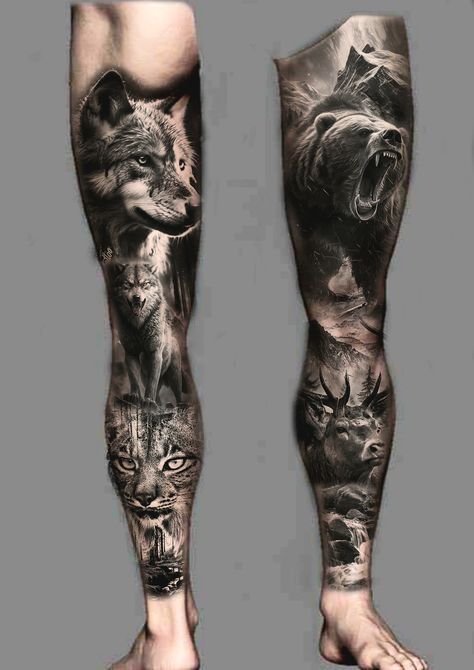 Full Leg Animal Tattoo, Leg Sleeve Animals, Animal Themed Leg Sleeve, Animal Tattoo Leg Sleeve, Forest Creature Tattoo, Nordic Leg Sleeve, Realism Tattoo Leg, Animal Leg Sleeve Tattoo, Nature Leg Sleeve