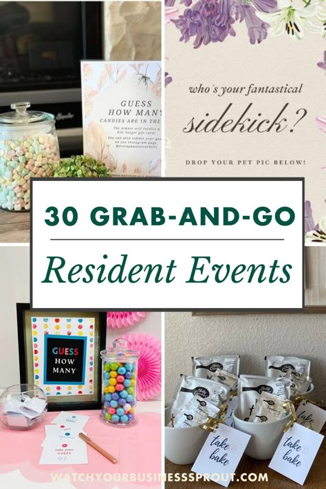 These 30 grab-and-go resident events are fantastic apartment community events that will drive retention up, and increase marketing. See more no-touch resident ideas here. Breakfast On The Go Resident Event, Summer Resident Events Ideas Apartments, Cheap Resident Events, Marketing Ideas For Nursing Homes, October Resident Events Ideas Apartments, Student Housing Event Ideas, June Resident Event Ideas, Resident Activity Ideas Apartment, Apartment Event Ideas