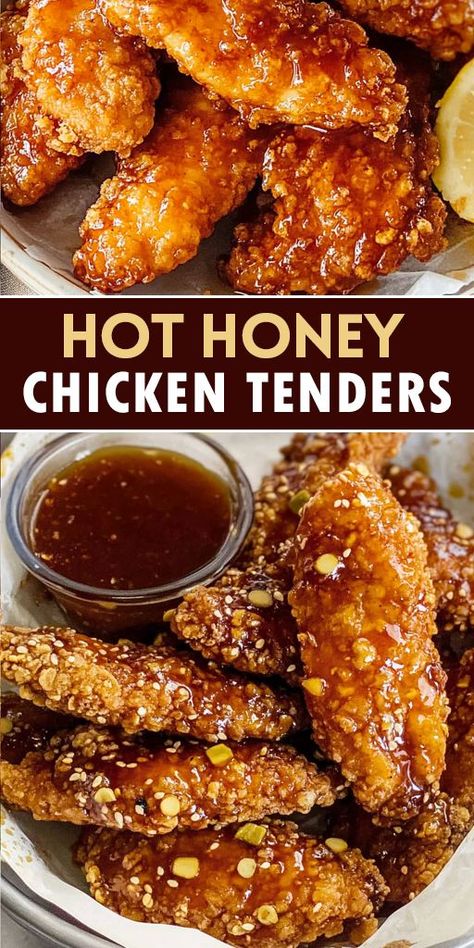 These Hot Honey Chicken Tenders are the perfect blend of crispy, golden goodness with a kick of heat and a drizzle of honey! 🌶🍯 Whether you're planning a quick dinner, game-day snack, or family meal, this easy recipe will have everyone asking for seconds. 👉 Try it today and experience the perfect combination of spicy and sweet. Don’t forget to save this Pin and share your results! 🤩 #RecipeIdeas #SpicyChicken #EasyMeals #HotHoneyChicken #ChickenTenders #FoodLovers Hot Honey Fried Chicken, Honey Sauce For Chicken, Fried Chicken Tenders Recipe, Crispy Baked Chicken Tenders, Hot Honey Chicken Tenders, Honey Chicken Tenders, Homemade Hot Honey, Hot Honey Sauce, Spicy Chicken Tenders