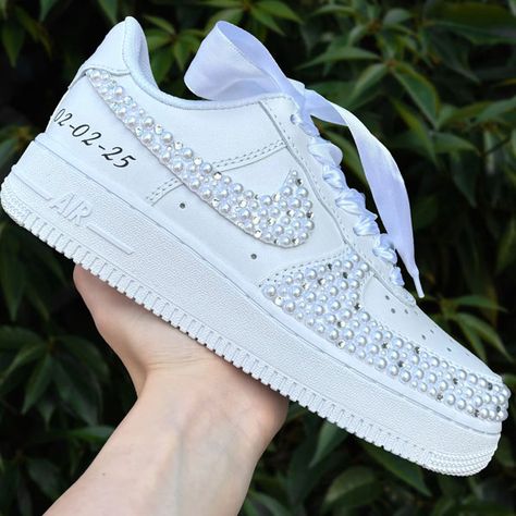 Crystal Wedding Shoes Pearl Bridal Sneakers Air Force 1 Wedding Shoes For The Bride, Quinceanera Shoes, Bridal Sneakers, Crystal Wedding Shoes, Wedding Sneakers, Crystal Shoes, Womens Wedding Shoes, Custom Sneakers, Hand Painting