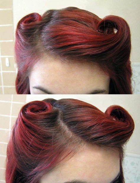 The pin up style is hot - and victory rolls are its staple hairdo! Check out this easy tutorial for an adorable vintage look. Cabelo Pin Up, 40s Hairstyles, 50s Hairstyles, Victory Rolls, 1940s Hairstyles, Rockabilly Hair, Vintage Wedding Hair, Pin Up Hair, Penteado Cabelo Curto