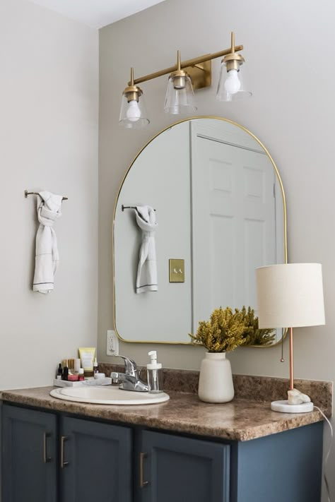 Arch Mirrors Double Vanity, Main Bathroom Mirror, Arched Gold Bathroom Mirror, Cottage Bathroom Mirror, Arched Mirror Bathroom Vanity, Gold Arch Bathroom Mirror, Bathroom Mirror Arch, Curved Mirror Bathroom, Bathroom Lighting Over Arched Mirror