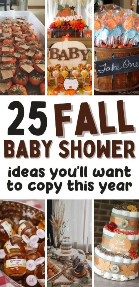 25 Fall Baby Shower Ideas You'll Want to Copy. Fall baby shower pictures that will inspire you to create an epic baby shower this fall. Fall Bbq Baby Shower Ideas, Fall Baby Shower Centerpiece Ideas, Simple Fall Baby Shower Decorations, Diy Fall Baby Shower Decorations, November Baby Sprinkle Ideas, Baby Shower Fall Theme Boys, Fall Baby Shower Menu Ideas, Fall Shower Food, Fall Baby Shower Prizes