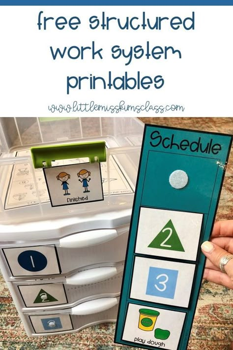 FREE printables for 3 different structured / independent work systems. This post includes pictures and video examples for setting up independent work stations in special education classrooms! Work System Tasks, Independent Work Stations Set Up, Independent Work Stations Sped, Preschool Independent Work, Structured Classroom Special Education, Work Systems Special Education, Structured Work Systems, Free Special Education Printables, Structured Teaching