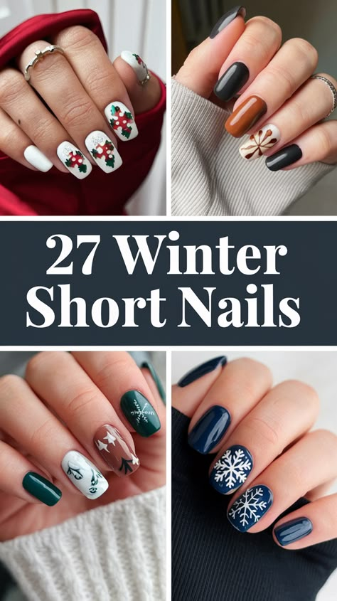 27 Gorgeous Winter Short Nail Ideas to Keep Your Style Fresh - Fall Update 2024 Gel Manicure Designs Winter, Snowflake Nail Design Short Nails, Book Themed Nail Art, Winter Nails Ideas 2024, Fingernails Painted Winter, Gel Nail Art Designs Winter, Fun Winter Nails Acrylic, Dark Matte Nail Designs, Xmas Nails Ideas 2024