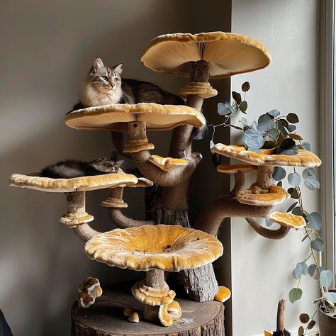 Book Shelf Cat Tower, Witchy Cat Tree, Diy Mushroom Cat Tree, Mushroom Cat Bed, Cat Tree Tree, Mushroom Cat Tower, Mushroom Home Aesthetic, Cool Cat Towers, Window Cat Tree