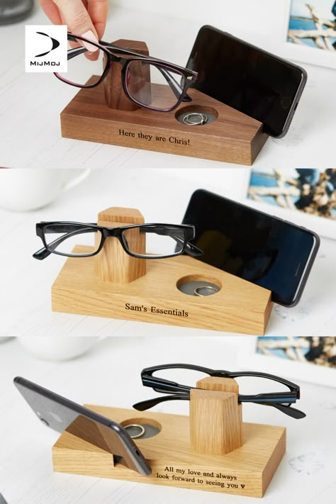 Solid oak storage caddie for glasses and phone stand with dish to place wedding ring at night. Engraved with a message of your choice front and back. Wooden Glasses Stand, Glasses Stand, Wooden Glasses, Diy Gifts For Dad, Personalised Glasses, Home Decor Shelves, Laser Cut Wood Crafts, Crafts Gifts, Cadeau Diy