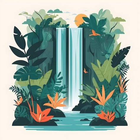 Vector Nature, Vector Illustration Background, Tropical Background Illustration, Waterfall Poster, Landscape Waterfall, Waterfall Illustration, Fall Artwork, Colombian Art, Tropical Background