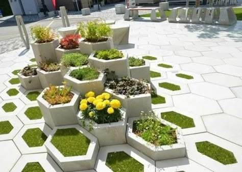 Hexagonal Landscape Design, Hexagon Landscape Design, Honeycomb Architecture, Parklet Design, Hexagonal Architecture, Flower Architecture, Public Garden Design, Flowers Architecture, Landscape Design Architecture