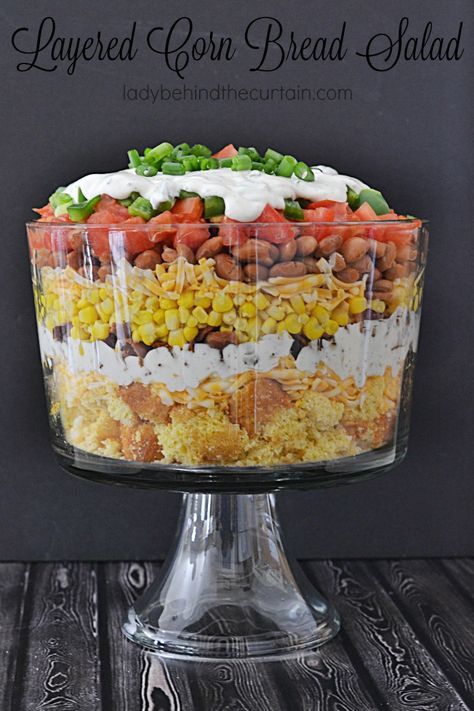 This salad makes such a nice presentation. Use a clear bowl with straight sides to show off the layers. The perfect size for a large get together. Recipe With Lettuce, Layered Cornbread Salad, Cornbread Salad Recipe, Bread Salad Recipe, Cornbread Salad, Layered Salad Recipes, Layered Salad, Bread Salad, Side Salad