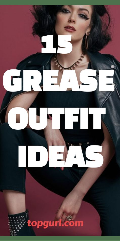 15 Electrifyin’ Grease-Inspired Outfits to Rock Your Socks Off Grease Leather Outfit, Grease 50's Outfits, Cute 50s Outfits Vintage, Grease Style Outfits, 50s Themed Outfits, Pink Ladies Outfit Ideas, Grease Inspired Outfits Pink Ladies, 50s Rock Fashion, Hairstyles From Grease The Movie