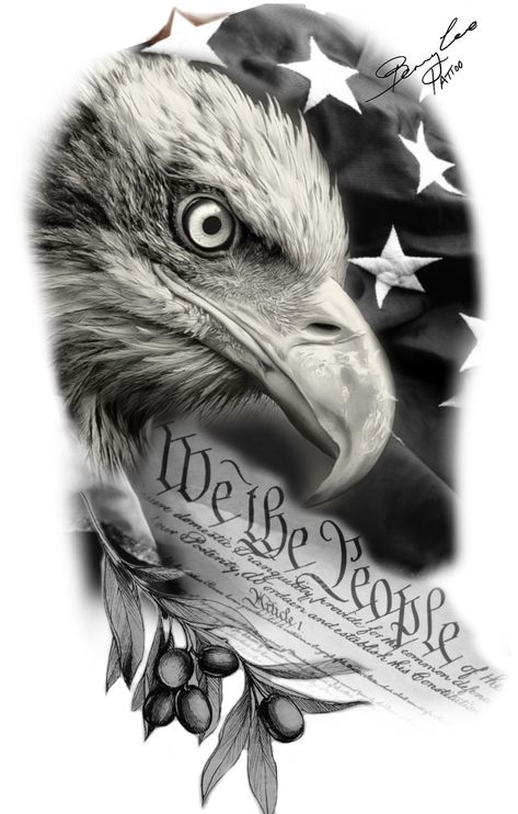 All American tattoo sleeve concept America Themed Tattoo Sleeve, Usa Eagle Tattoo, American Patriotic Tattoos, Eagle Flag Tattoo Men, America Sleeve Tattoo, Eagle And Flag Tattoo Design, We The People Tattoo Design Stencil, Patriotic Half Sleeve Tattoos For Men, American Soldier Tattoo