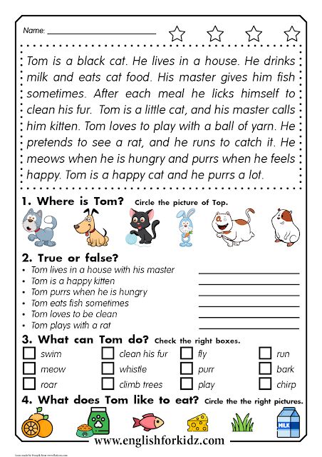 Reading comprehension worksheet - a short passage about a cat with questions and tasks. 3rd Grade English Worksheets Reading Comprehension, Reading And Questions Worksheets, Short Passages With Questions, Comprehension For Grade 3 Student, Reading For Grade 2 Student, Free Reading Comprehension Worksheets, Reading Exercises, Read In English, Short Reading Passage