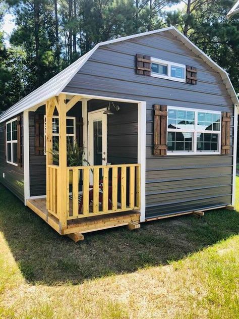 Fall in love with the style of this shed to cabin conversion! The ultimate tiny house design, this somewhat prefab kit is easy to customize! Watch how they turn a simple storage shed into a tiny home fit for a family! #TinyHouse #TinyHome #TinyCabin #Shed #ShedtoCabin #TinyShedHouse #ShedHouse #TinyHouseLiving 14x40 Shed House Interior Ideas, Shed Into Tiny House, Shed To Cabin Conversion, Shed To Cabin, Shed House Interior, Shed To Home, Tiny Home Shed, Converted Shed, Tiny Shed