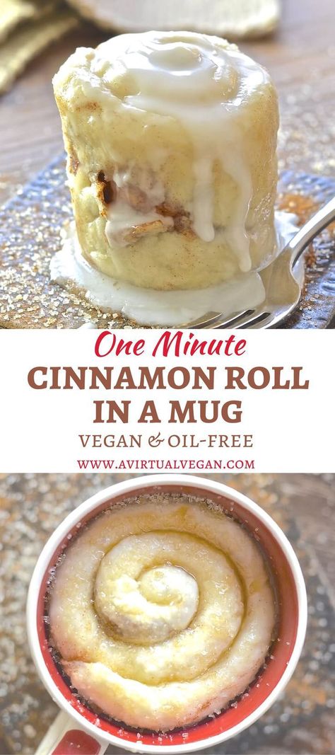 If you have a mug, a microwave & a spoon you can make this One minute Cinnamon Roll in a Mug. Perfect for when you NEED dessert now!  via /avirtualvegan/ Cinnamon Roll In A Mug, Weight Watcher Desserts, Cheesecake Vegan, Mug Recipes, In A Mug, Microwave Recipes, Think Food, Chicken Wraps, Vegan Sweets