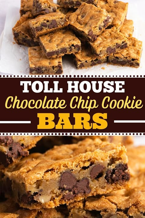 These easy Toll House chocolate chip cookie bars are the perfect combination of chewy and gooey, with pockets of rich, melted chocolate in every bite. Yum! Toll House Chocolate Chip Cookies Bars, Chocolate Chip Pan Cookies, Toll House Chocolate Chip Cookies, Chocolate Chip Cookies Bars, Chocolate Chip Cookie Bar, Chocolate Chip Cookie Bar Recipe, Nestle Chocolate Chip Cookies, Tollhouse Chocolate Chip Cookies, Chocolate Cookie Bars