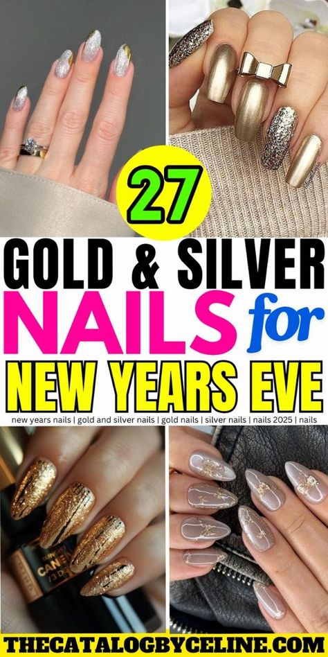 Get ready to dazzle with these stunning gold and silver nail designs perfect for New Year's Eve! From glitter nails to metallic accents, these glamorous nail ideas are the ultimate way to elevate your look. Whether you love bold gold nails, sleek silver nails, or elegant nail art with a mix of both, these 27 nail designs are perfect for making a statement. Add a touch of sparkle to your New Year’s Eve outfit with glitter nails, ombre nails, or chrome nails that will have you shining all night. These festive nail designs are easy to recreate and perfect for any celebration! Make your nails the highlight of your New Year’s Eve party with these chic and trendy nail ideas! new years nails | gold and silver nails | gold nails | silver nails | nails 2025 | nails Gold With Silver Nails, Gold Finger Nails, Glitter Party Nails, New Year's Eve Nails Sparkle, New Years Nails Oval, Nails For Party Night, Gold And Silver Nails Ideas, New Years 2024 Nails, Silver And Gold Christmas Nails