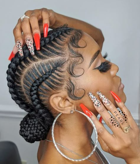 Stitch Braids with Braided Low Bun Braided Bun Black Hair, Cornrow Bun, Summer Protective Hairstyles, Two Cornrow Braids, Braided Bun Styles, Black Hair Bun, Straight Back Cornrows, Stitch Braid, Side Cornrows