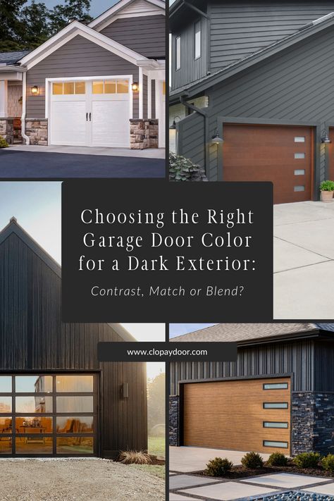 Are you ready to #JoinTheDarkSide 🖤 From bold statements to subtle accents, we help you find the perfect color blend for your garage door. Let's dive into the world of contrast and style while enhancing your home's curb appeal! Learn more: https://bit.ly/3VLpS5U  Photo credit: Andy Frame Photo credit: Kelsey Johnston | @mysimplysimple Photo credit: @brepurposed  #ClopayGarageDoors #DarkSide #DarkExteriors #BlackGarageDoors #DarkHomes #CurpAppeal Colored Garage Door Ideas, Charcoal Gray Garage Door, Gray House Black Garage Door, Dark Grey Garage Door, Houses With Black Garage Doors, Garage Door Colors With Tan House, Dark Siding House, Dark Garage Doors, Chi Garage Doors