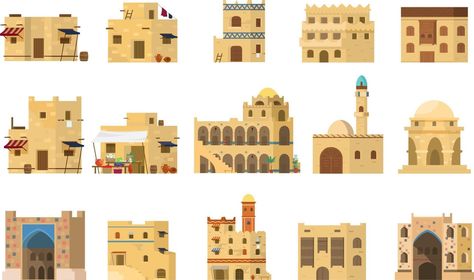 Flat Vector Set Of Authentic Traditional Arabian Mud Brick Houses. Islamic Architecture. Isolated On White. Mud Brick, Saudi Arabia Culture, Brick Houses, Traditional Building, Science Signs, House Vector, House Drawing, Travel Brochure, Real Estate Flyers