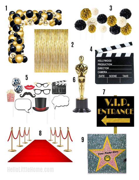 Movies Theme Party Ideas, Prom Oscars Theme, Awards Party Decorations, Grammys Theme Party, Birthday Hollywood Theme, Emmy Awards Party Ideas, Oscars Birthday Party Theme, Grammy Party Ideas Decoration, Awards Show Party