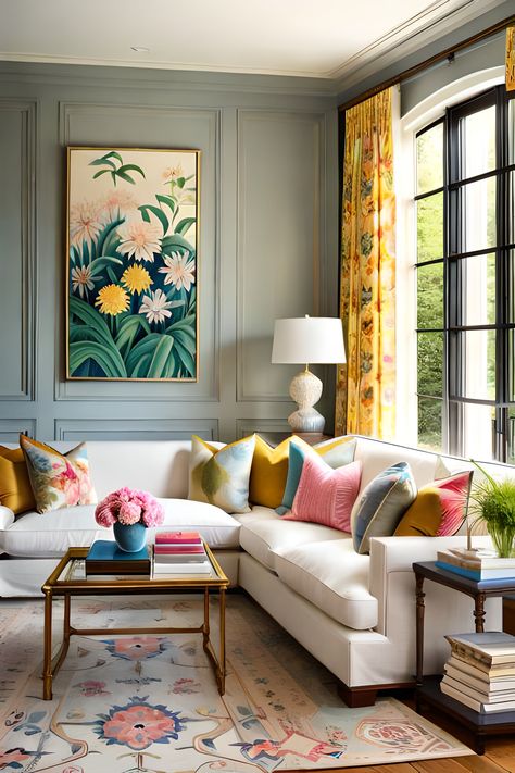 Colorful French Decor, Mixing Traditional And Modern Decor, Family Room Designs, Family Den, Colorful Room, Vibrant Living Room, Colourful Living Room Decor, Maximalist Style, Set Sofa