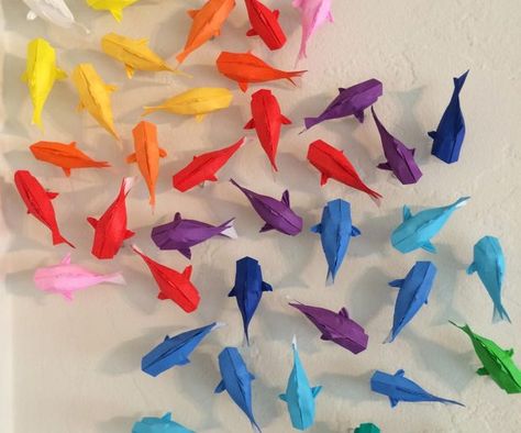 Wall of Rainbow Koi Origami Návody, Diy Paper Art, Hanging Crafts, Wall Art Tutorial, Tutorial Origami, Origami Fish, Origami And Kirigami, Folding Origami, Instruções Origami