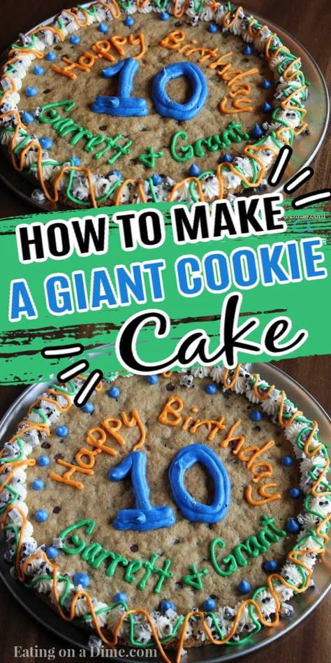 Oatmeal Cookie Cake Giant, Birthday Chocolate Chip Cookie Cake, M And M Cookie Cake Recipe, Chocolate Cookie Cake Birthday, Diy Cookie Cake Birthdays, Cookie Cake From Package, Easy Diy Cookie Cake, Icing For A Cookie Cake, Giant Birthday Cookies Decorated