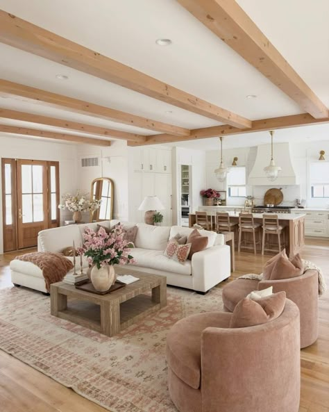 Wood And Neutral Living Room, Soft Feminine Home Decor, Pink Boho Living Room, Neutral Living Room With Pop Of Color, Light Airy Living Room, Bright Airy Living Room, European Eclectic, Bright And Airy Living Room, Light And Airy Living Room