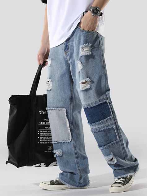 Men Raw Hem Ripped Jeans | SHEIN USA Hoco Fits, Jean Top Outfits, Men Jeans Loose, Jeans Patchwork, Jean Short Outfits, Ripped Men, Jeans Outfit Winter, Diy Jeans, Overalls Men