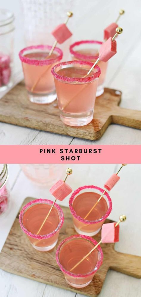 Pink Starburst Shot - A Beautiful Mess Starburst Shots Recipe, Cute Girly Cocktails, Pink Starburst Shot Recipe, Starburst Shot Recipe, Pink Shot Recipes, Birthday Shots Ideas, Pink Champagne Jello Shots, Pink Starburst Shots, 21st Bday Drinks