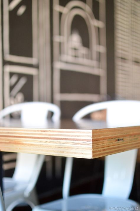 DIY Stacked Plywood Tabletop_-3 Diy Desk Table Top, Plywood Desk Top Diy, Plywood Bar Top, Diy Restaurant Tables, Plywood Desk Top, Diy Bar Table, Plywood Dining Table, Plywood Bar, Plywood Side Table