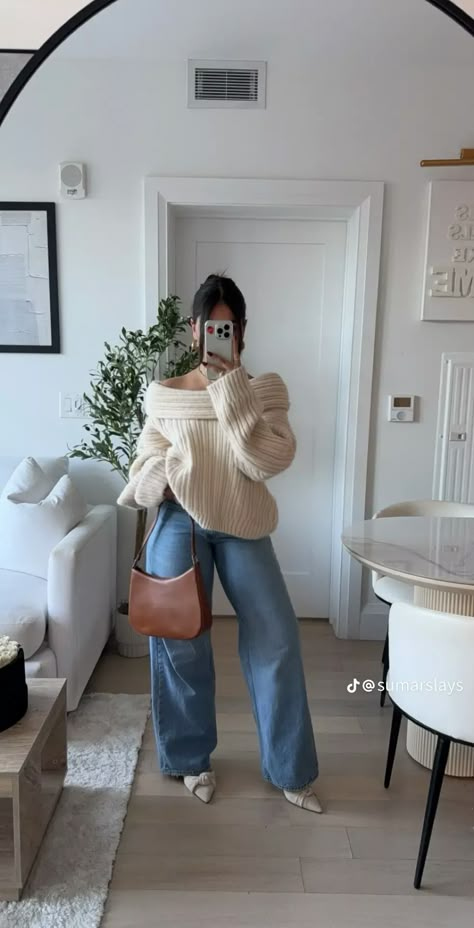 Sweaters And Heels Outfit, Cute Different Outfits Style, Date Night Outfit Modest Classy, New York Cold Spring Outfits, Coffee Shop Outfit Aesthetic Fall, Classy But Fun Outfits, High Fashion Plus Size Outfits, Classy Warm Outfits, Off The Shoulder Sweater And Jeans