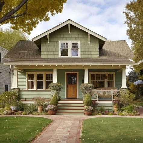 Green House With White Trim, Craftsman Style Homes Exterior Color, Craftsman House Colors, House With White Trim, Green Home Exterior, Craftsman Home Exterior, Green Exterior House Colors, Green House Exterior, Outside House Colors