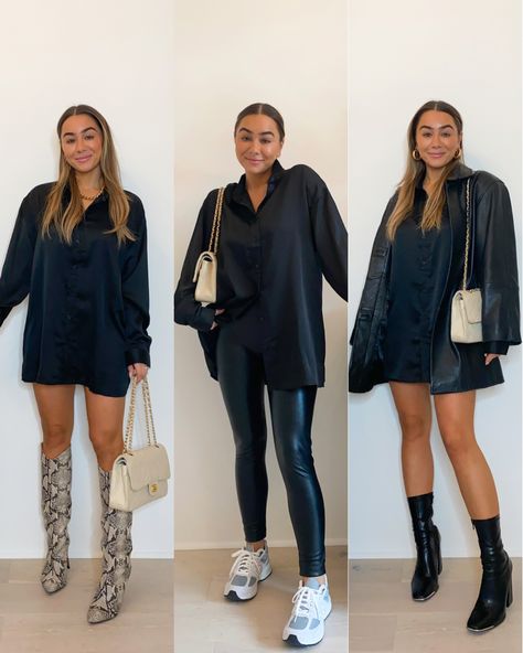 Oversized Satin Shirt Outfit, Black Satin Shirt Outfit, Sportive Outfit, How To Style Oversized Shirt, Satin Shirt Outfit, Oversized Satin Shirt, Silk Shirt Outfit, Julia Havens, Black Shirt Outfits