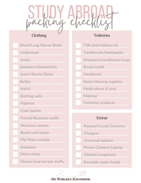 Checklist For Study Abroad, Study Abroad Checklist Student, International Student Packing List, Study Abroad Madrid, University Checklist, Study Abroad Packing List, Essential Packing List, Study Abroad Packing, Abroad Packing List