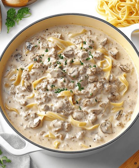 Easy Ground Beef Stroganoff Recipe Sos Recipe Ground Beef, Hamburger Beef Stroganoff, Pork Stroganoff Recipe, Ground Turkey Stroganoff, Ground Beef Stroganoff Recipe, Hamburger Stroganoff Recipe, Turkey Stroganoff, Easy Ground Beef Stroganoff, Hamburger Stroganoff