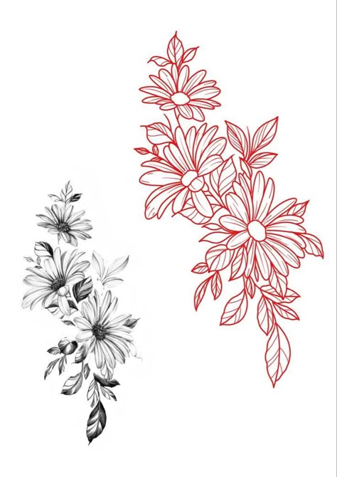 Flowers And Geometry Tattoo, Daisy Flowers Drawings, Flower Half Sleeve Tattoos For Women Floral Art Designs, Back Of Thigh Flower Tattoo, Floral Tattoo Linework, Aster Tattoo Flower, Long Flower Tattoo Design, Asters Flower Tattoo, Flower Upper Arm Tattoos For Women