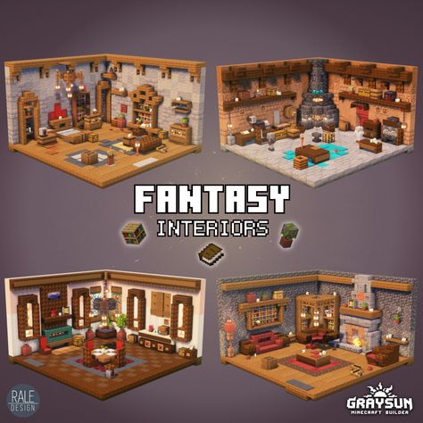 4 fantasy interior designs for minecraft. Check my patreon to download my builds. Minecraft Room Layout, Minecraft Studio Apartment, Minecraft Cash Register Ideas, Minecraft Fantasy Interior Design, Minecraft Interior Builds, Minecraft Town Hall Interior, Minecraft Small Interior, Basement Ideas Minecraft, Minecraft Counter