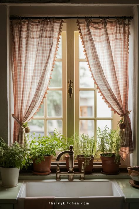 Sunlit kitchen window with checkered curtains and potted herbs on the windowsill. Kitchen Window Inspiration, Small Kitchen Curtain Ideas, Breakfast Nook Ideas Modern, Curtains Breakfast Nook, Victorian Breakfast Nook, Kitchen Window Privacy, Small Kitchen Window Treatments, Vintage Breakfast Nook, Breakfast Nook Light Fixture