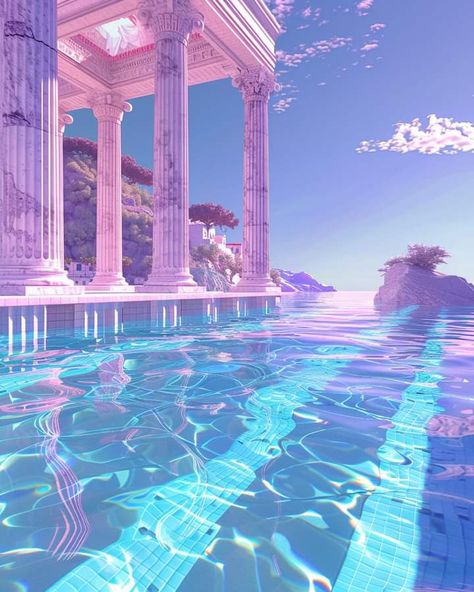 Vaporwave Room Aesthetic, Beach City Aesthetic, Seapunk Aesthetic, Vapor Wave Aesthetic, Vaporwave Beach, Cloud Palace, Vaporwave Room, Sea Punk, Umbreon And Espeon