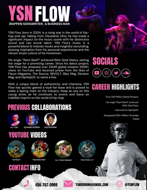 This 1-page electronic press kit template for bands, singers, and musicians is the perfect way to professionally introduce yourself to venues, festivals, press, and promotors ready to land the gig of your dreams! The media kit template for music artists includes an artist's bio, links to your music, photos, a summary of your past performances, and your contact details. You can input all of your own information, including your own photos, in this pre-made electronic press kit template. Electronic Press Kit Musicians, Electronic Press Kit Design, Band Profile Design, Epk Press Kit Music Design, Epk Press Kit Music Template, Musician Portfolio, Artist Presentation, Artist Epk Design, Epk Press Kit Music