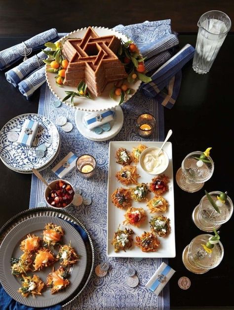 This year we're celebrating Hanukkah with a creative twist on tradition: a vodka and latke party. Hanukah Menu, Hanukah Appetizers, Hannukah Party, Celebrating Hanukkah, Hannukah Decorations, Hanukkah Dinner, Happy Hannukah, Jewish Holiday Recipes, Hanukkah Food