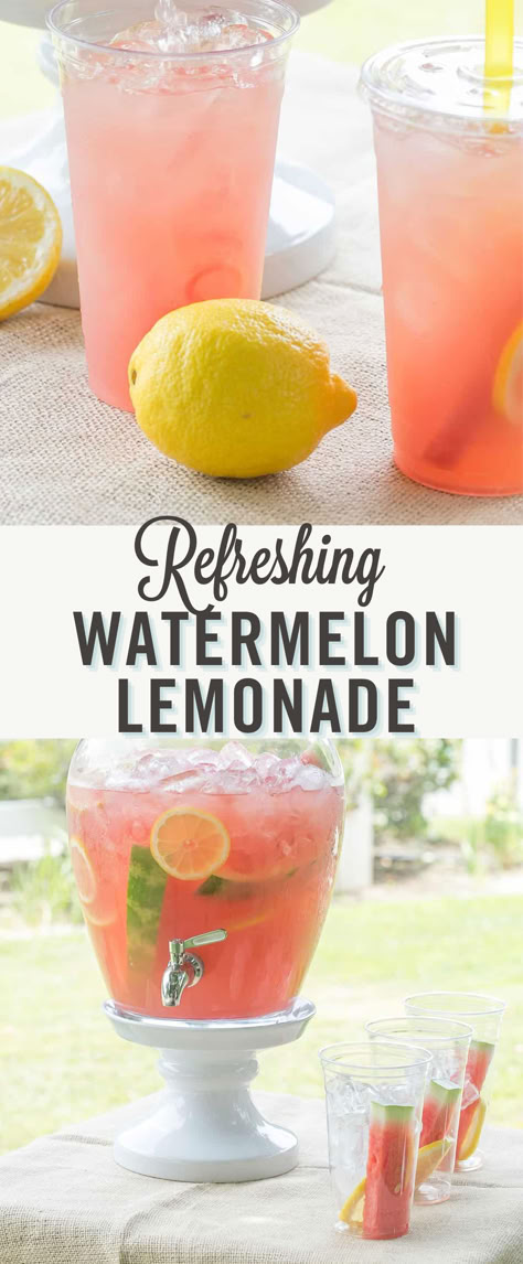 Looking for a refreshing unique lemonade recipe? Try this refreshing and easy watermelon lemonade recipe that is perfect for summer parties! It’s light and citrusy and can be made with homemade lemonade or store-bought lemonade. Perfect for a summer gathering! Homemade Watermelon Lemonade, Cute Lemonade Stand Ideas Diy, Strawberry Watermelon Lemonade, Gourmet Lemonade Recipes, Fun Lemonade Drinks, Bulk Lemonade Recipe, Large Batch Lemonade Recipe, Low Sugar Lemonade, Lemonade Stand Recipes